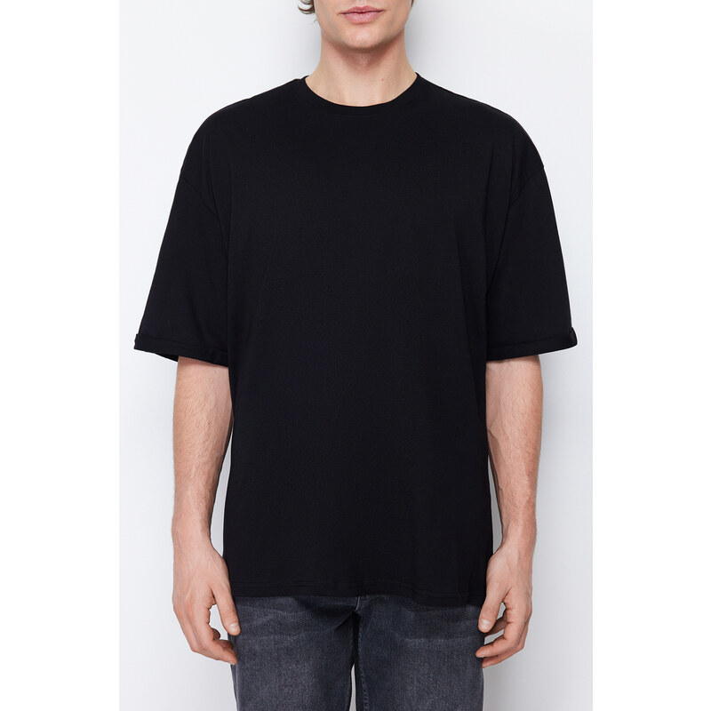 Trendyol Basic Black Oversize/Wide Cut 100% Cotton Stitched Double Sleeve T-Shirt