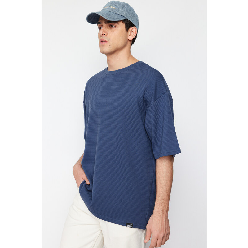 Trendyol Limited Edition Indigo Oversize 100% Cotton Labeled Textured Basic Thick T-Shirt