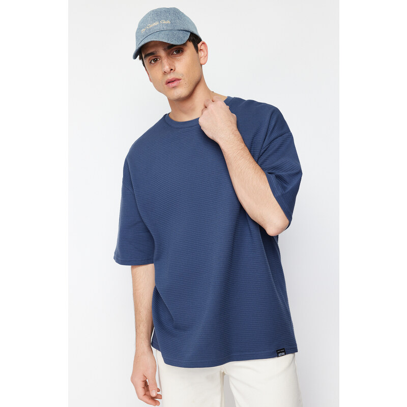Trendyol Limited Edition Indigo Oversize 100% Cotton Labeled Textured Basic Thick T-Shirt