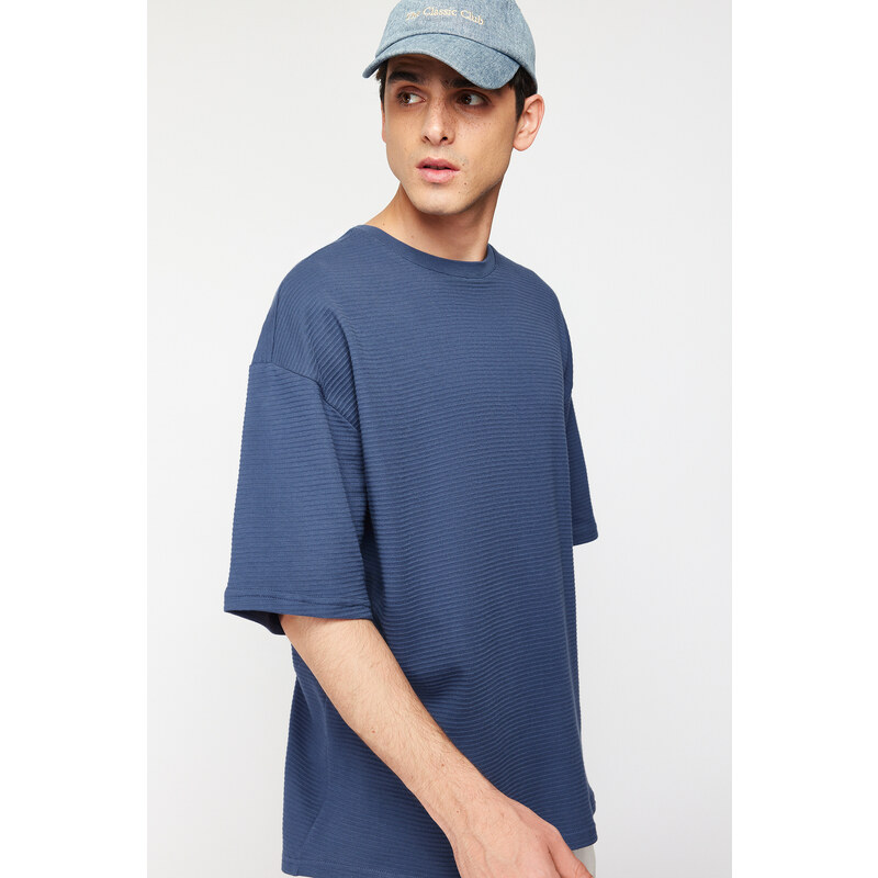 Trendyol Limited Edition Indigo Oversize 100% Cotton Labeled Textured Basic Thick T-Shirt
