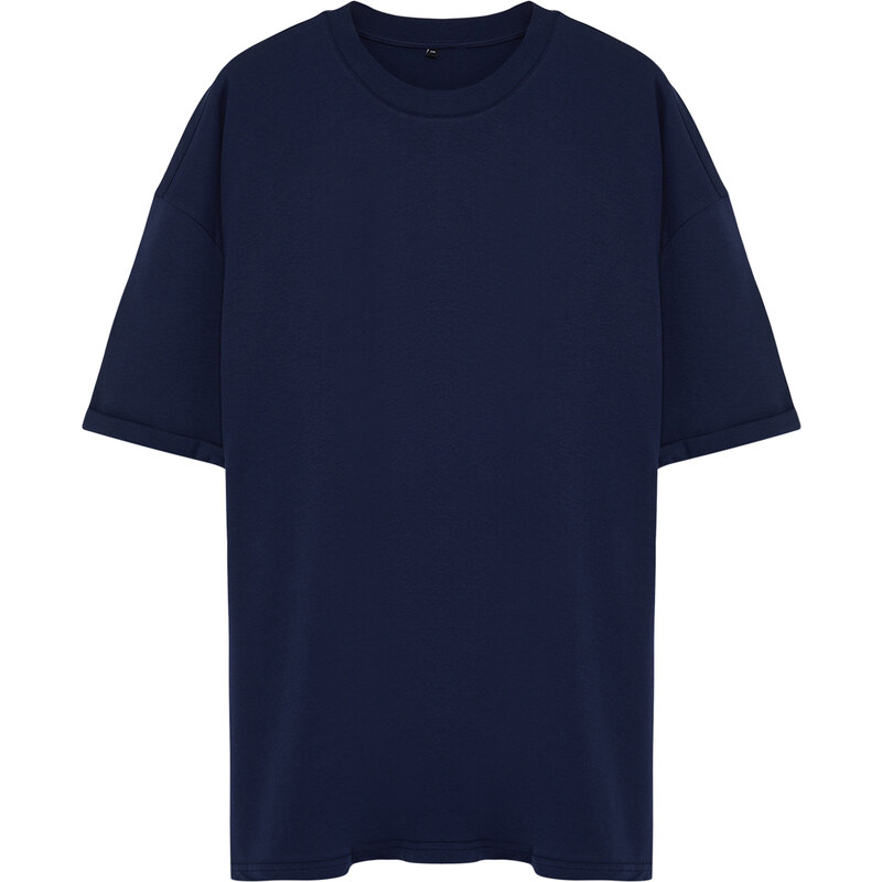 Trendyol Large Size Navy Oversize/Wide Cut 100% Cotton T-Shirt