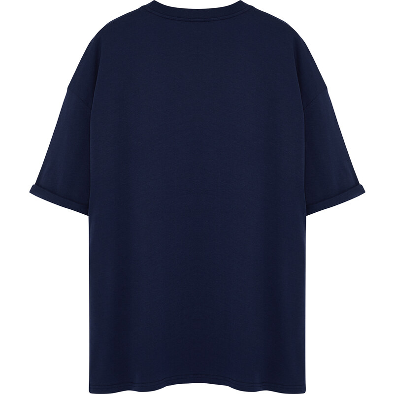 Trendyol Large Size Navy Oversize/Wide Cut 100% Cotton T-Shirt