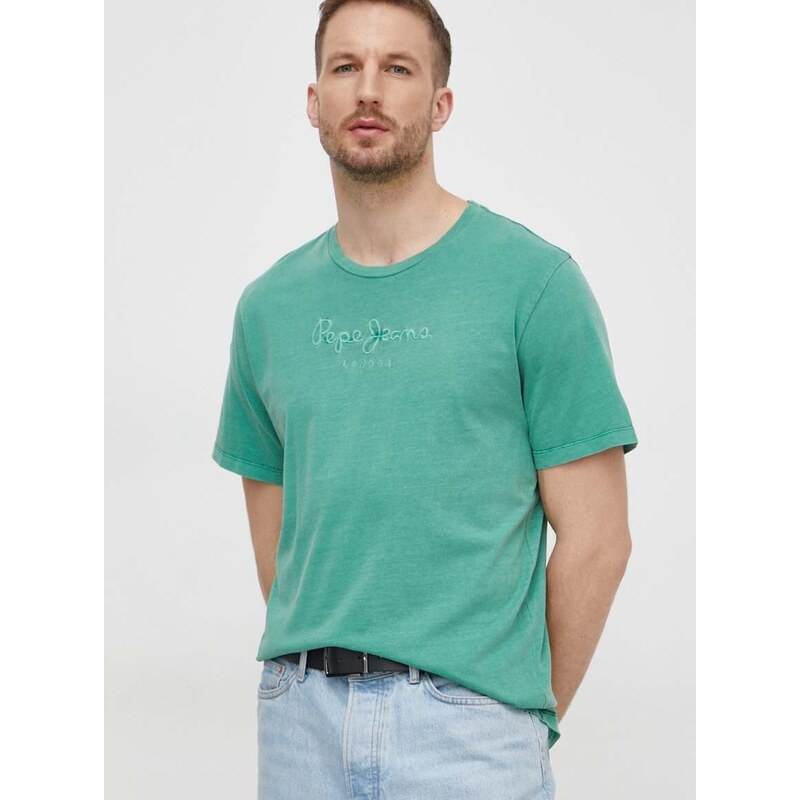 Bavlněné tričko Pepe Jeans zelená barva, s aplikací