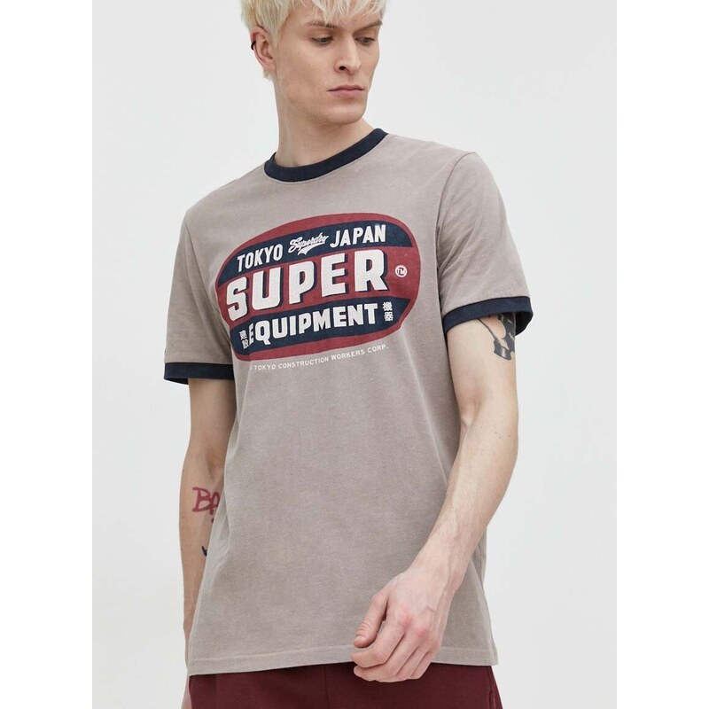 Bavlněné tričko Superdry béžová barva, s potiskem