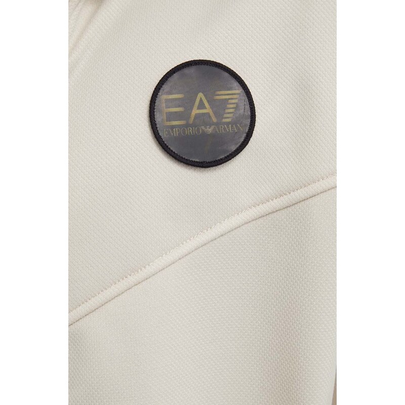Mikina EA7 Emporio Armani pánská, béžová barva, s kapucí, vzorovaná