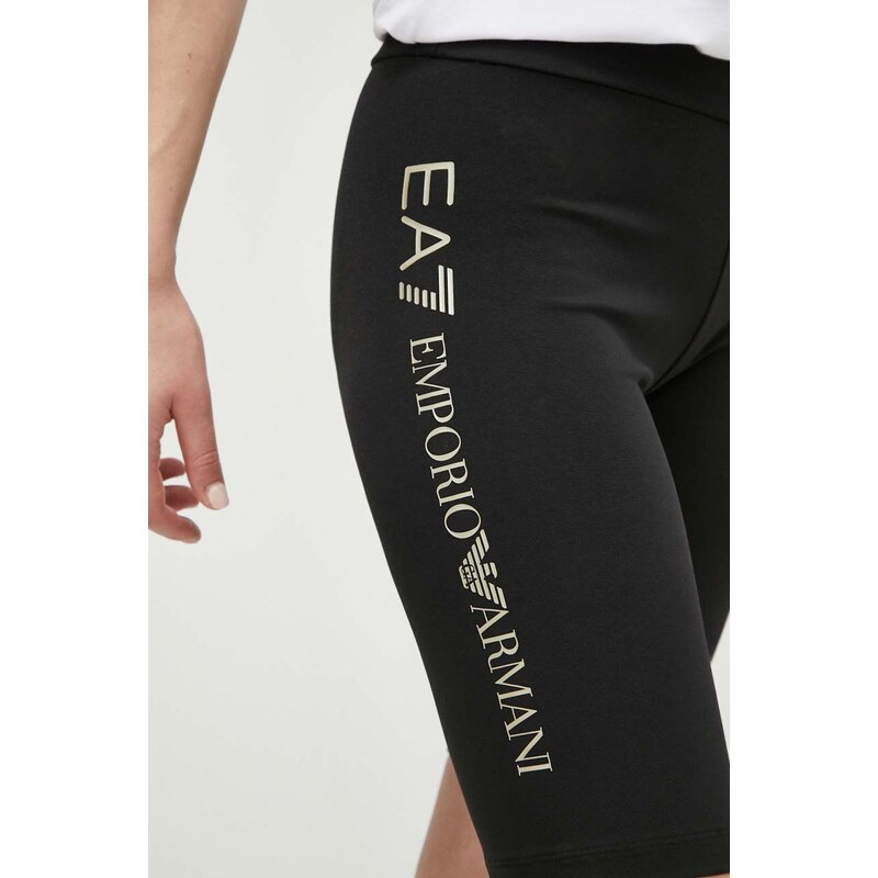 Kraťasy EA7 Emporio Armani dámské, černá barva, s potiskem, high waist