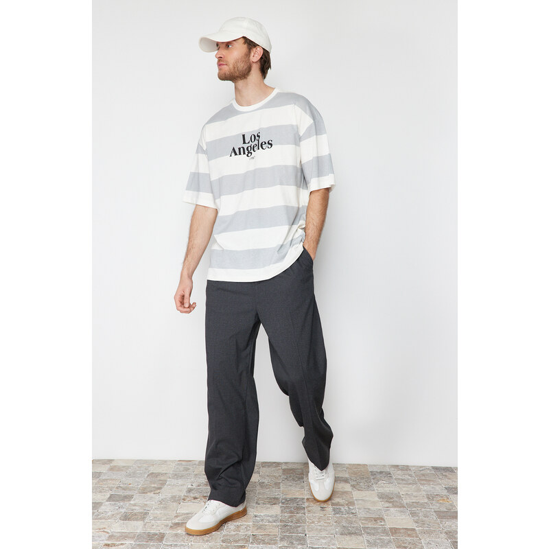 Trendyol Gray Oversize Striped City Printed 100% Cotton T-Shirt