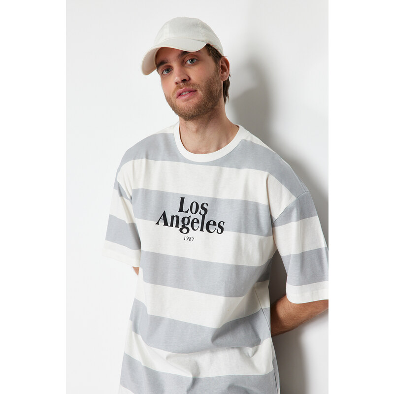 Trendyol Gray Oversize Striped City Printed 100% Cotton T-Shirt