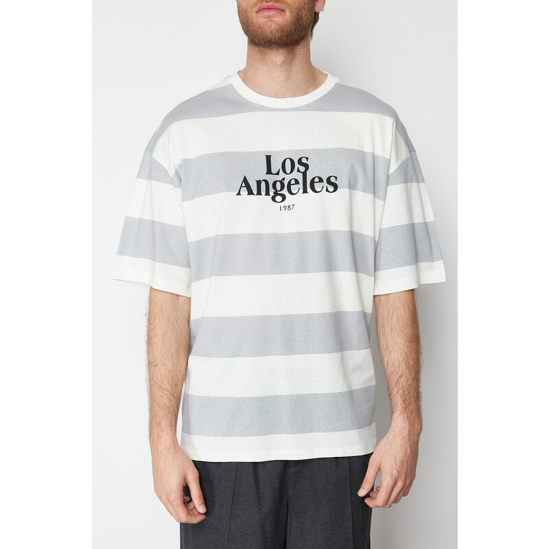 Trendyol Gray Oversize Striped City Printed 100% Cotton T-Shirt