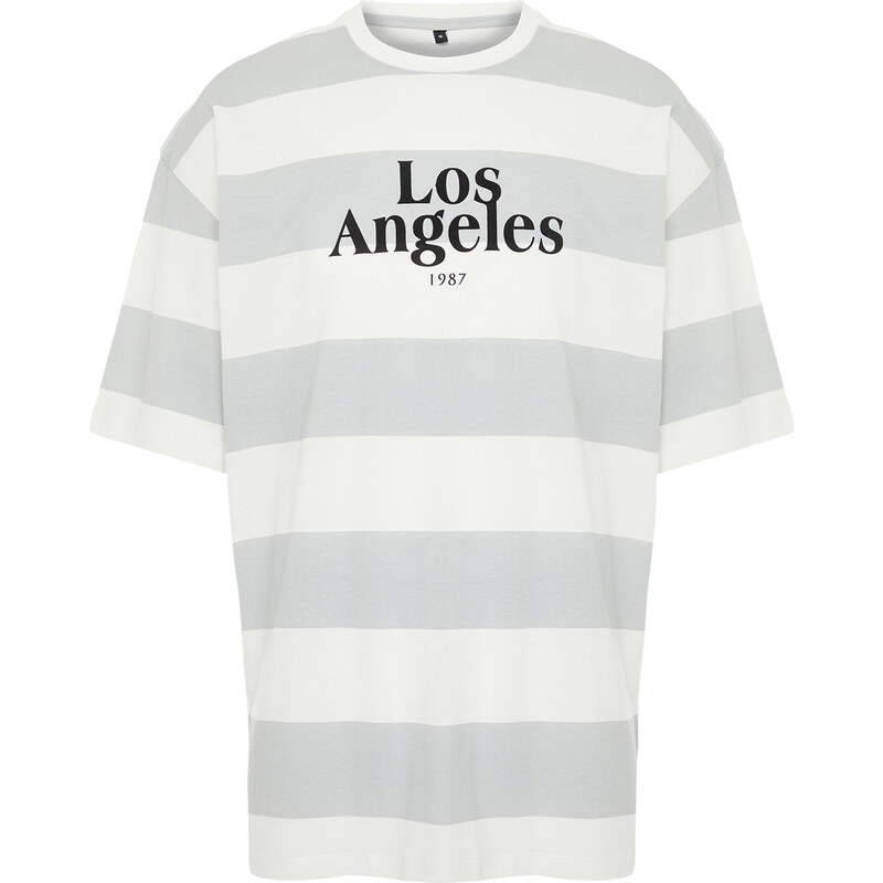 Trendyol Gray Oversize Striped City Printed 100% Cotton T-Shirt