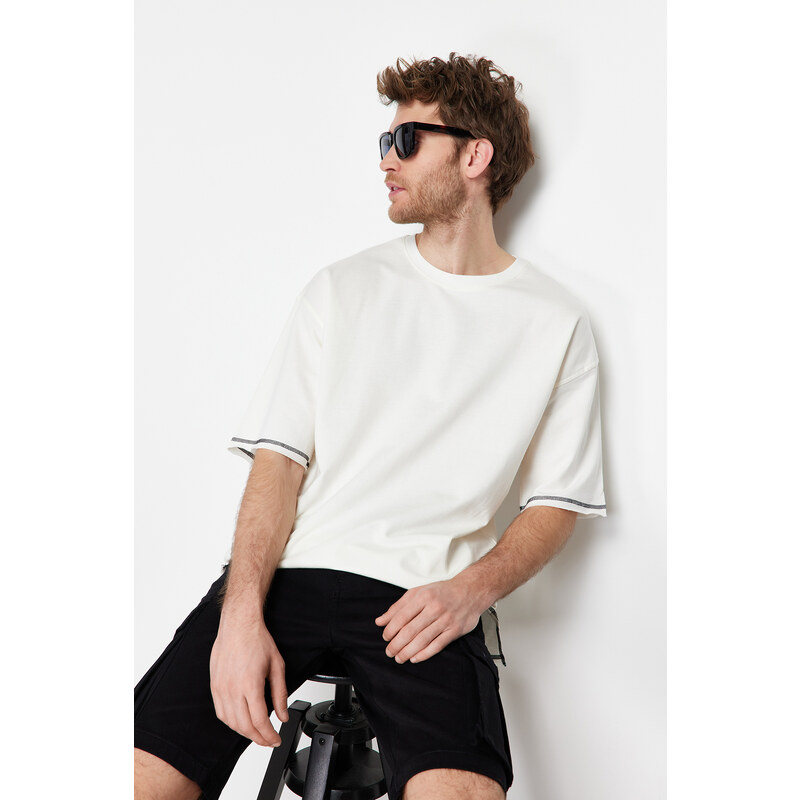 Trendyol Ecru Oversize Stitch Detail 100% Cotton T-Shirt