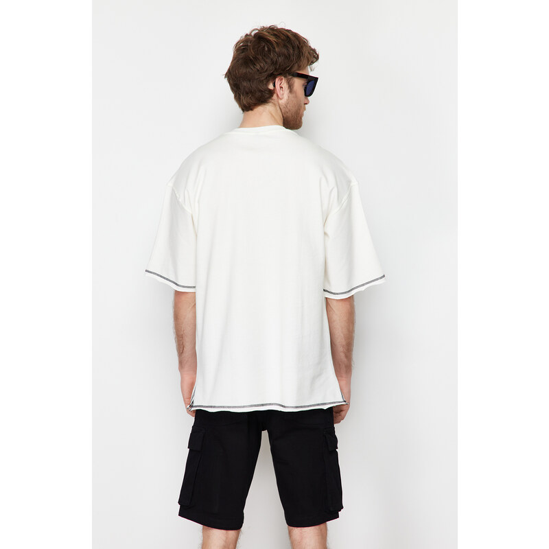 Trendyol Ecru Oversize Stitch Detail 100% Cotton T-Shirt