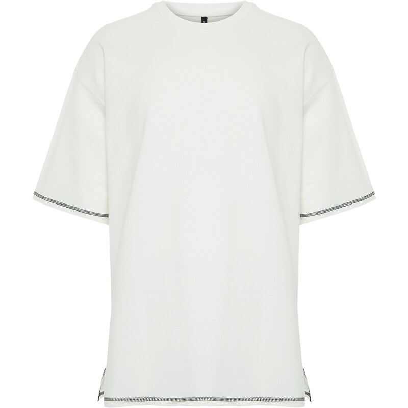 Trendyol Ecru Oversize Stitch Detail 100% Cotton T-Shirt