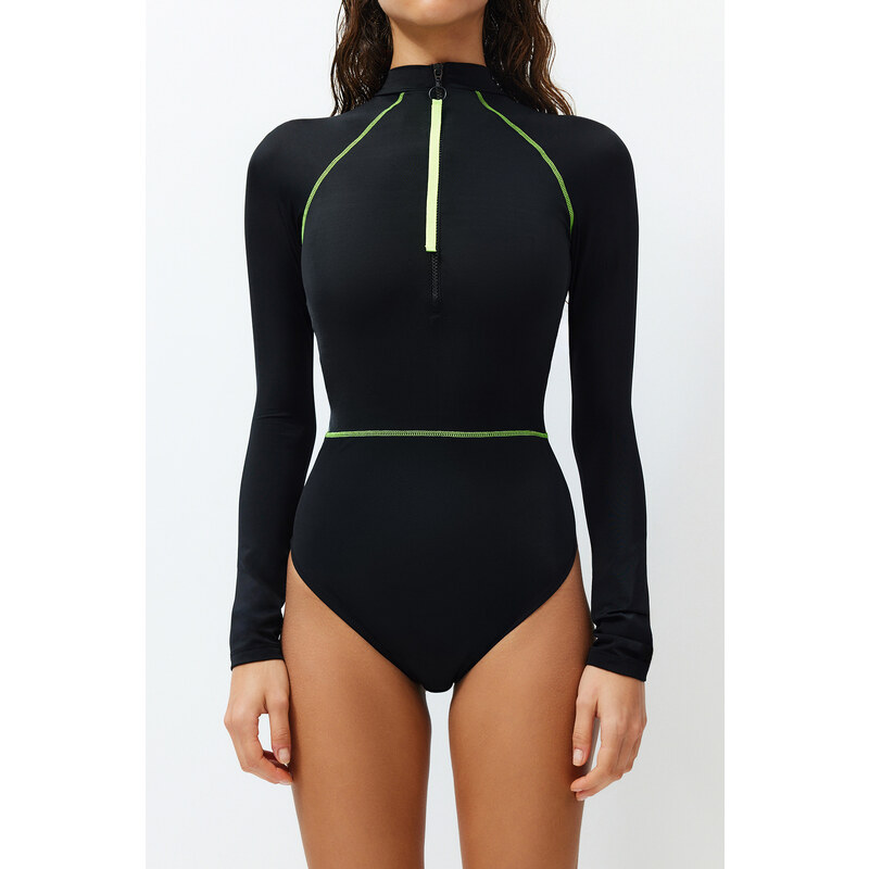Trendyol Black Zipper Long Sleeve Regular Surf Swimsuit