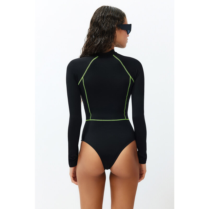 Trendyol Black Zipper Long Sleeve Regular Surf Swimsuit