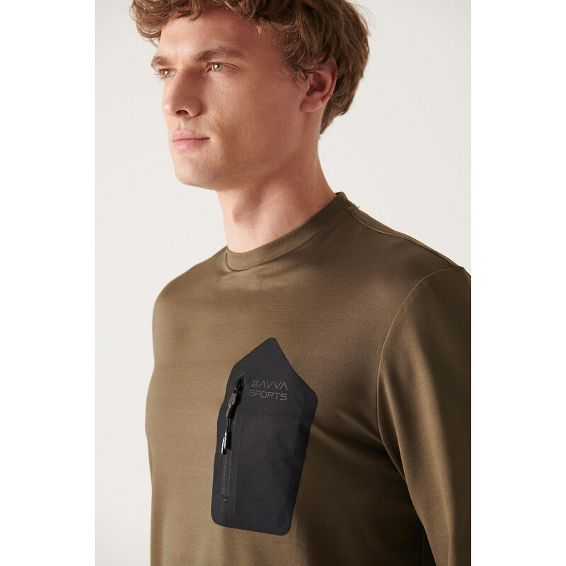 Avva Men's Khaki Crew Neck Lycra Long Sleeve Outdoor Slim Fit T-shirt