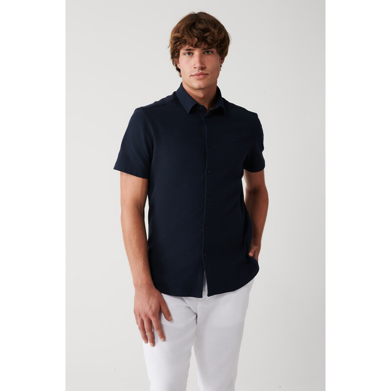 Avva Men's Navy Blue Easy-to-Iron Classic Collar Lycra Cotton Slim Fit Slim Fit Short Sleeve Shirt