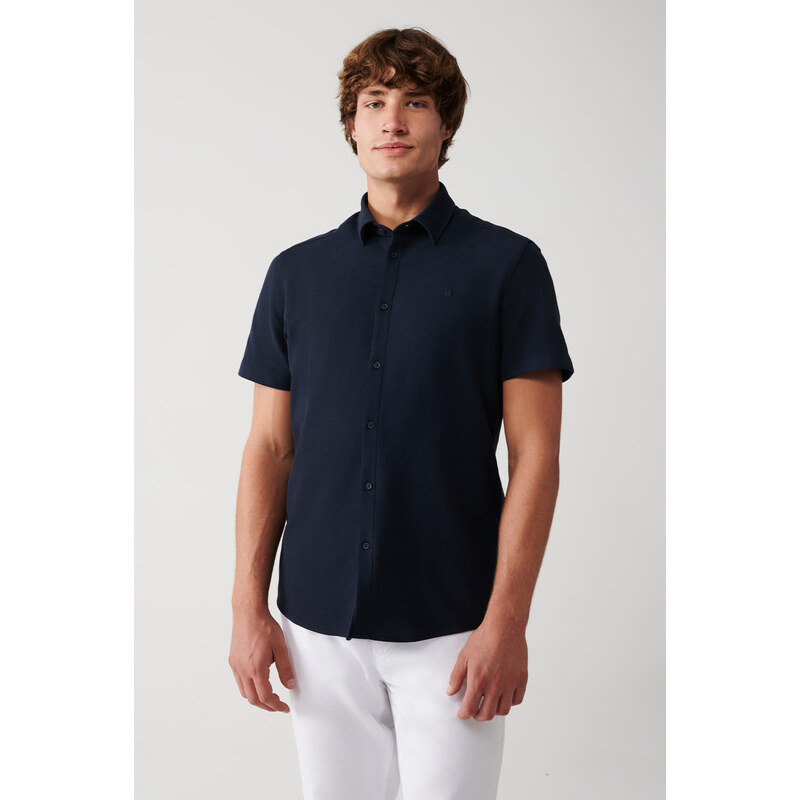 Avva Men's Navy Blue Easy-to-Iron Classic Collar Lycra Cotton Slim Fit Slim Fit Short Sleeve Shirt
