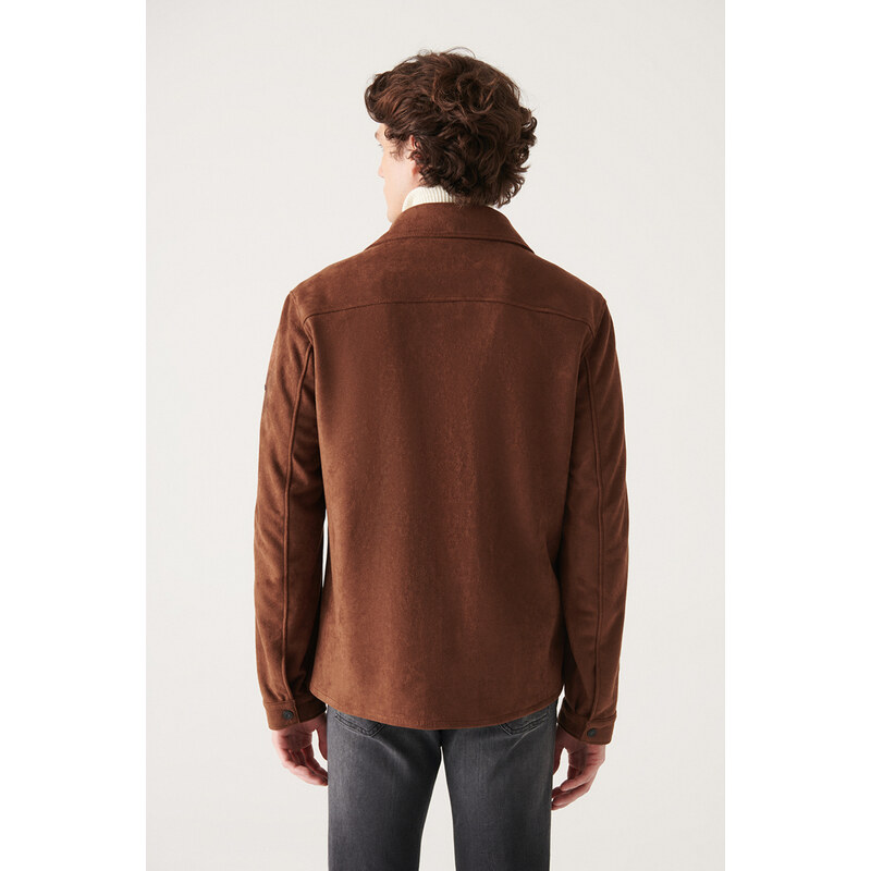 Avva Men's Brown Faux Suede Comfort Fit Shirt with Snap fastener