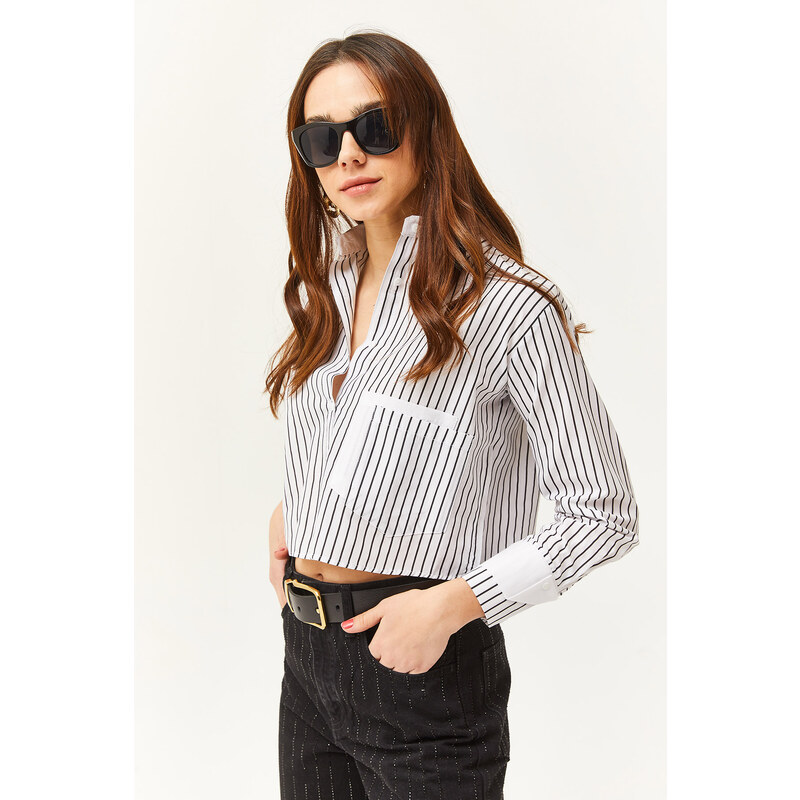 Olalook Women's White Black Pocket and Cuff Detailed Striped Crop Shirt