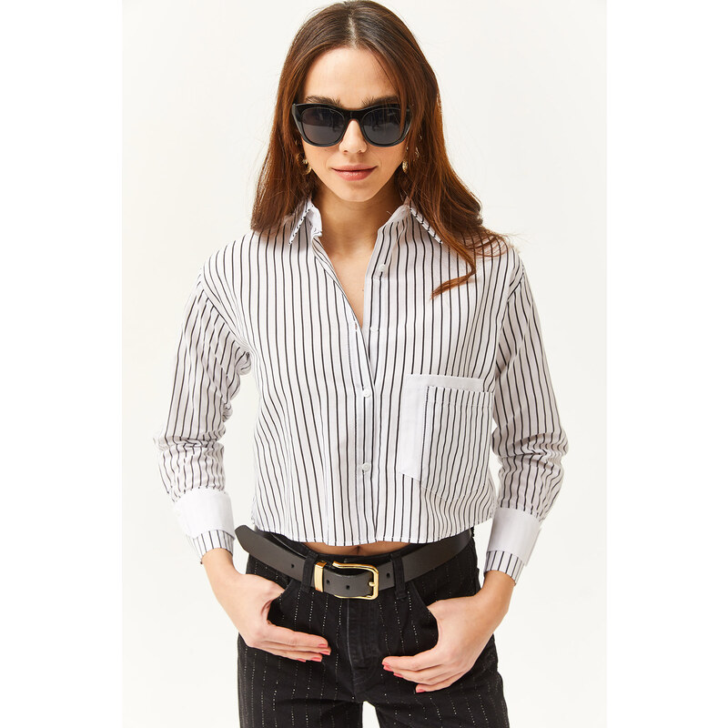 Olalook Women's White Black Pocket and Cuff Detailed Striped Crop Shirt