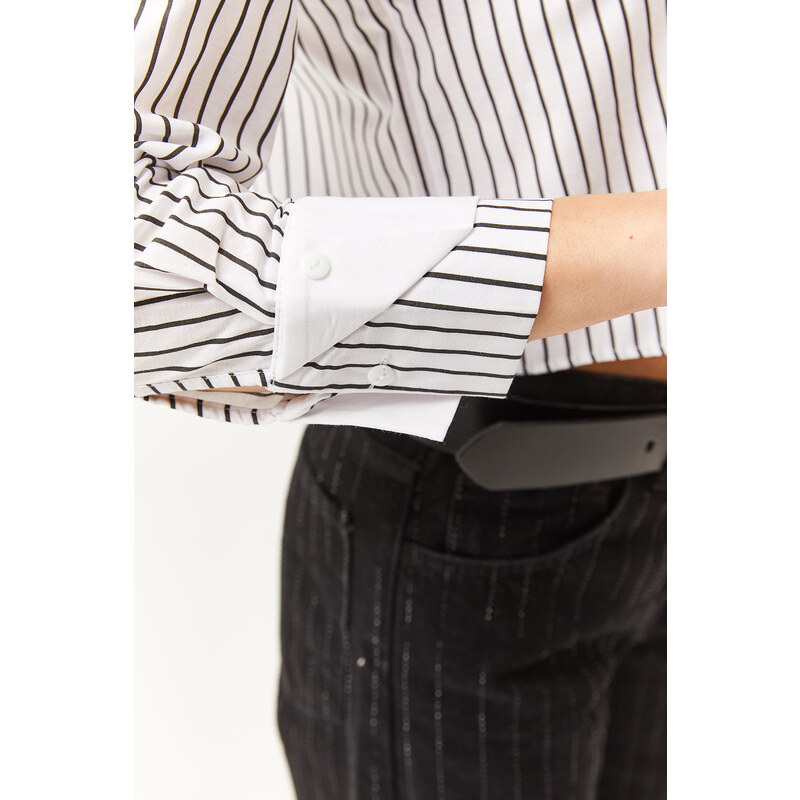 Olalook Women's White Black Pocket and Cuff Detailed Striped Crop Shirt