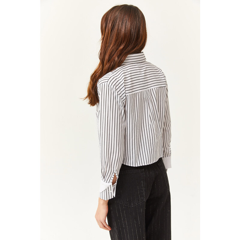 Olalook Women's White Black Pocket and Cuff Detailed Striped Crop Shirt