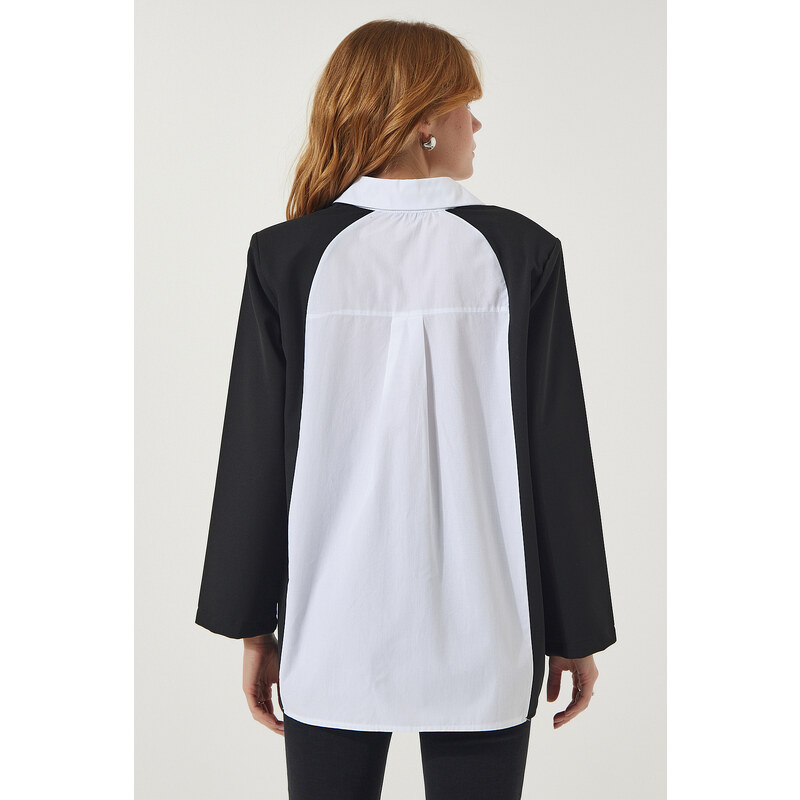 Happiness İstanbul Women's Black and White Jacket Look Oversize Design Shirt