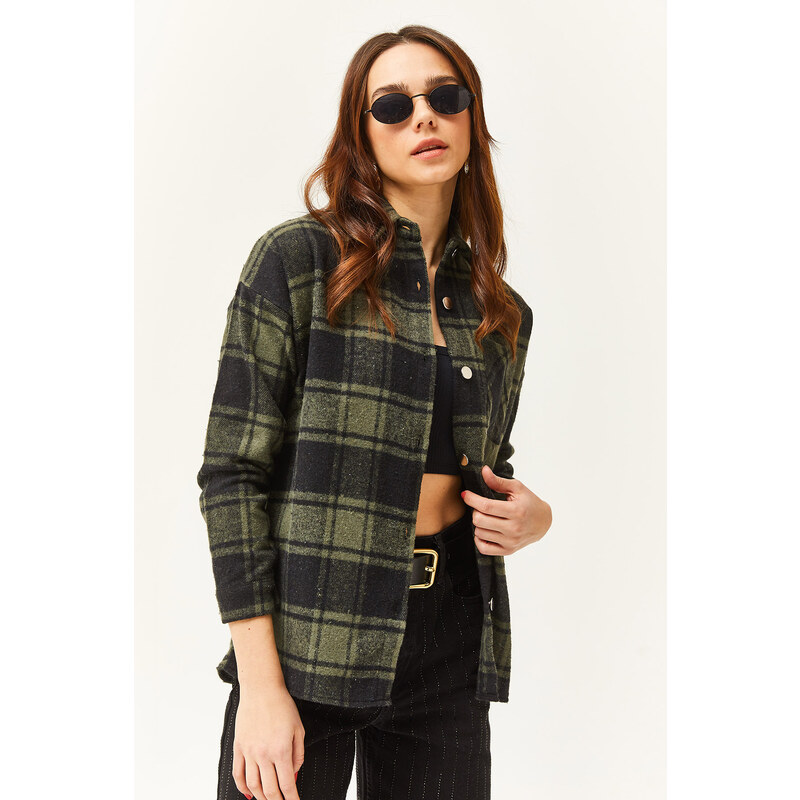 Olalook Women's Khaki Black Single Pocket Thick Plaid Lumberjack Shirt