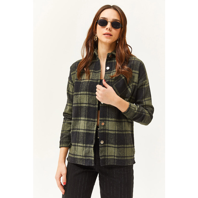 Olalook Women's Khaki Black Single Pocket Thick Plaid Lumberjack Shirt