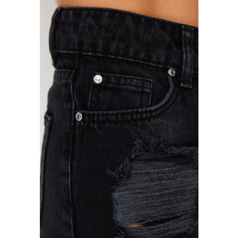 Trendyol Black Denim Ripped Detail Denim 100% Cotton Shorts & Bermuda