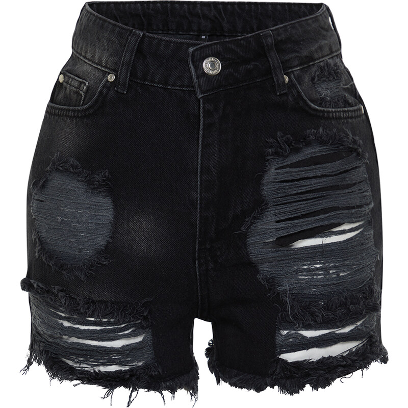 Trendyol Black Denim Ripped Detail Denim 100% Cotton Shorts & Bermuda