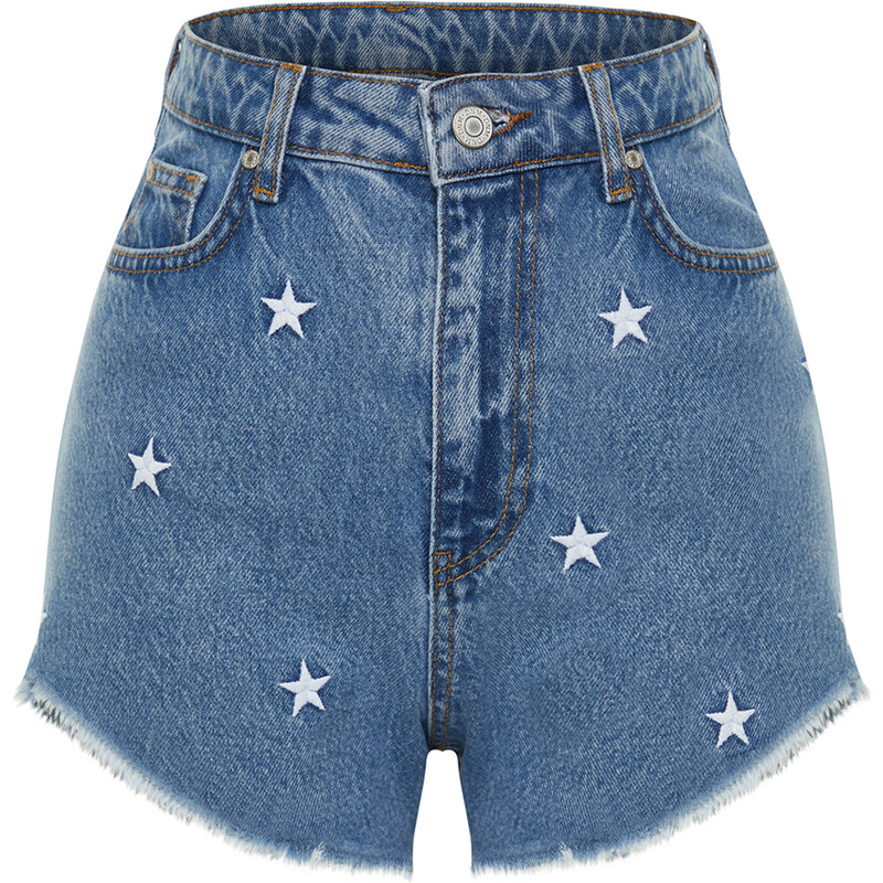 Trendyol Blue Denim Embroidered Denim 100% Cotton Shorts & Bermuda