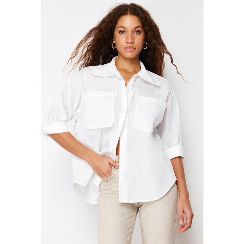 Trendyol Ecru Front Double Pocket Detail Woven Shirt