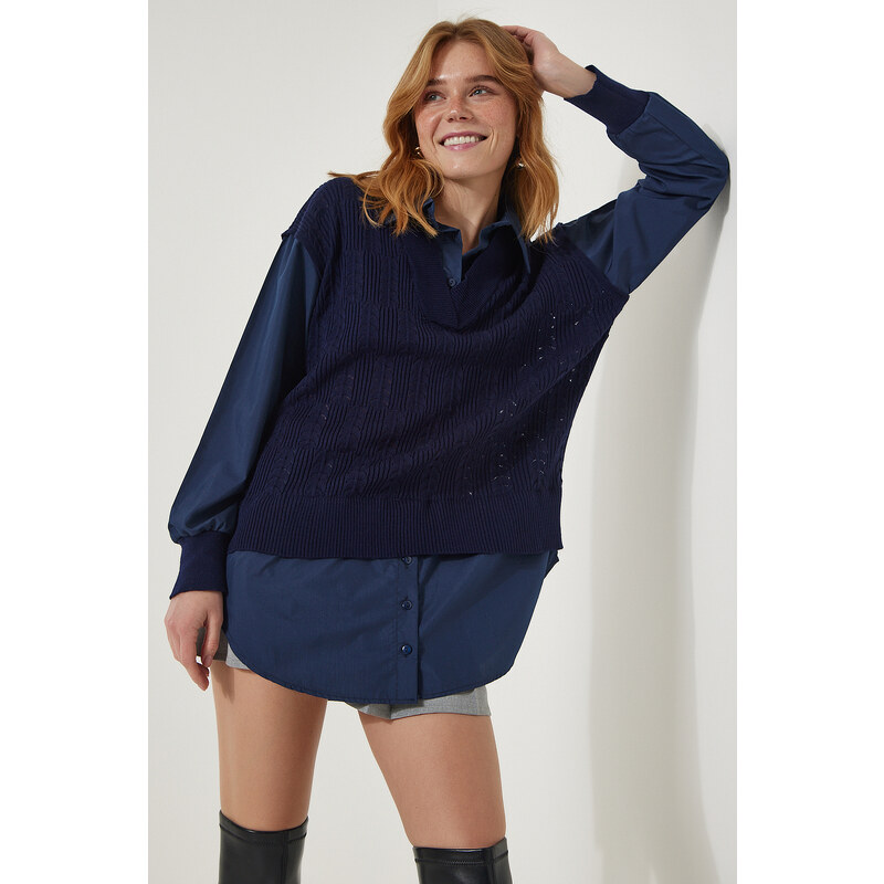 Happiness İstanbul Women's Navy Blue Shirt Oversize Knitwear Sweater