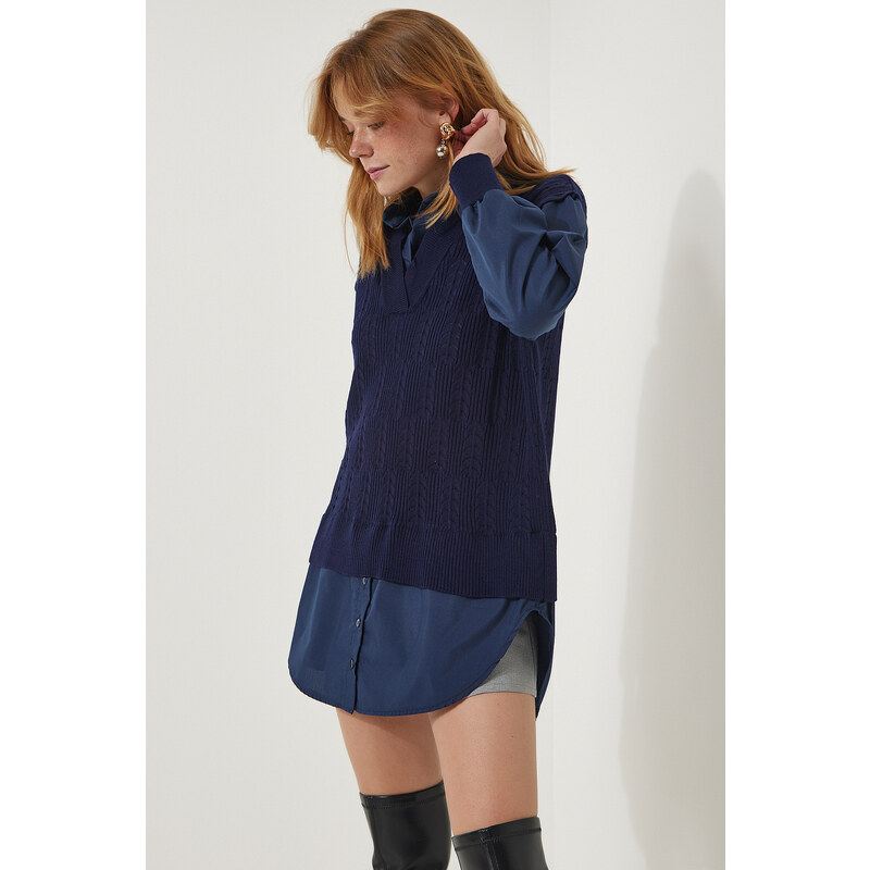 Happiness İstanbul Women's Navy Blue Shirt Oversize Knitwear Sweater