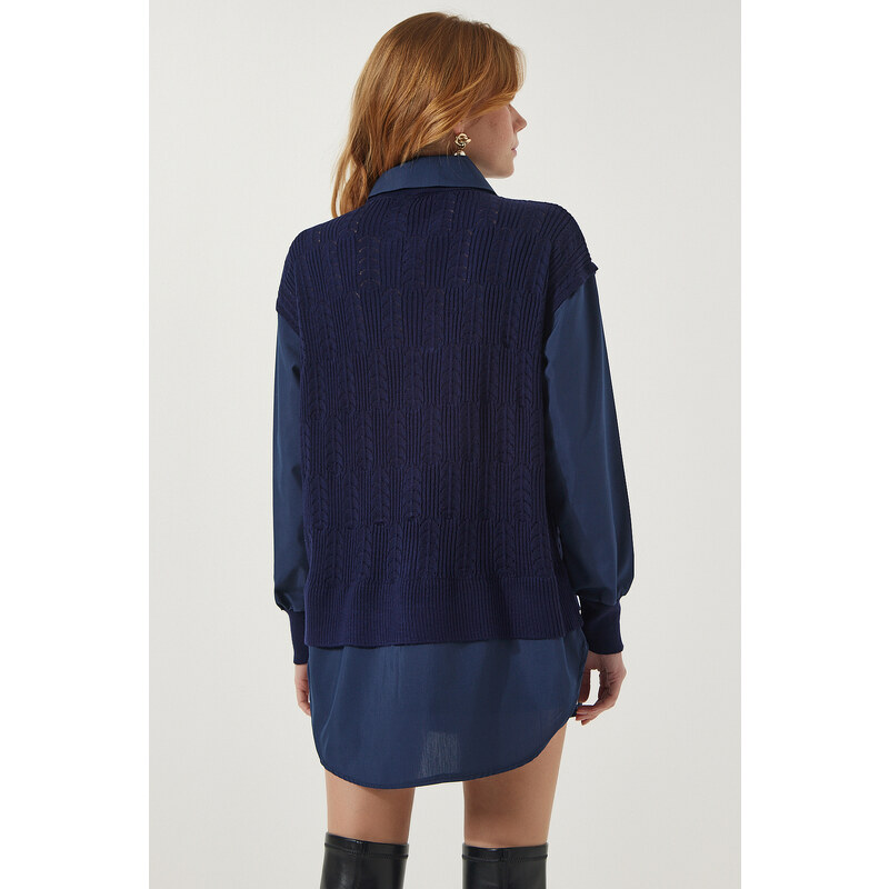 Happiness İstanbul Women's Navy Blue Shirt Oversize Knitwear Sweater