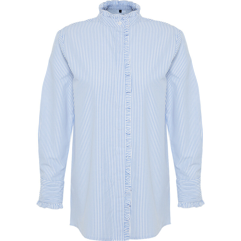 Trendyol Blue Striped Paw and Collar Ruffle Detail Woven Shirt