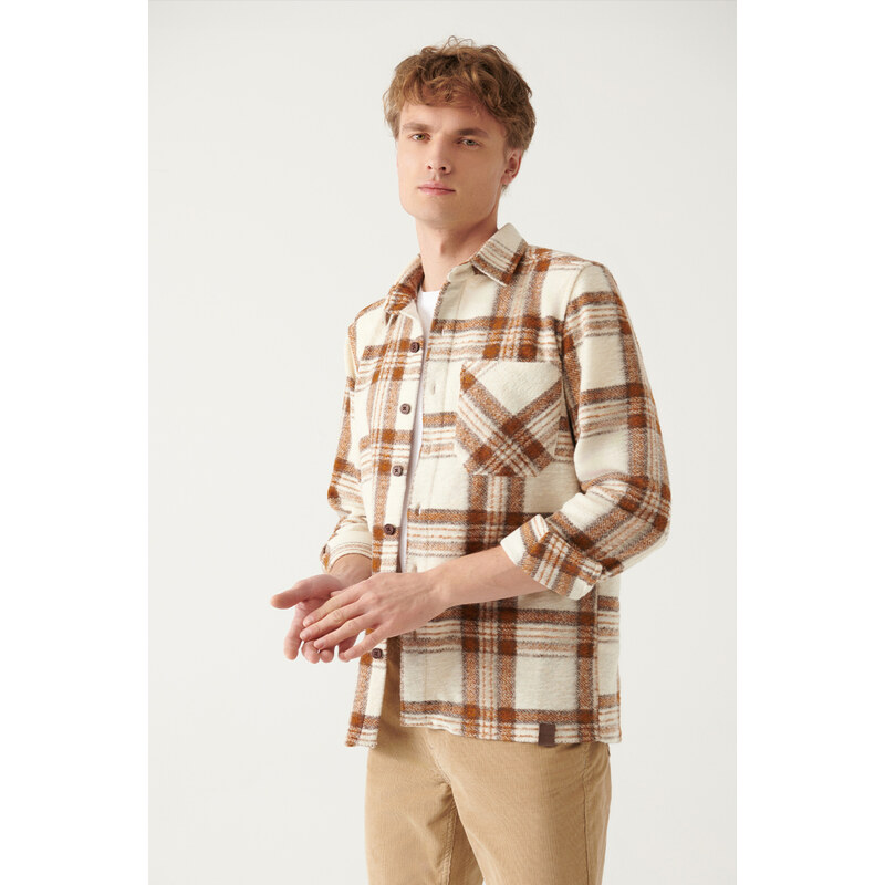 Avva Men's Ecru Oversized Lumberjack Shirt with Pocket