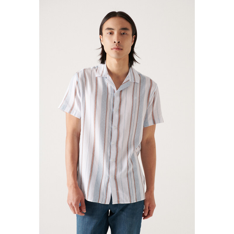 Avva Men's Coffee Cuban Collar Striped Short Sleeve Shirt