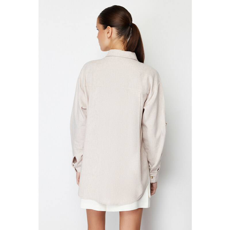 Trendyol Beige Low Sleeve Oversize Cotton Linen Woven Shirt