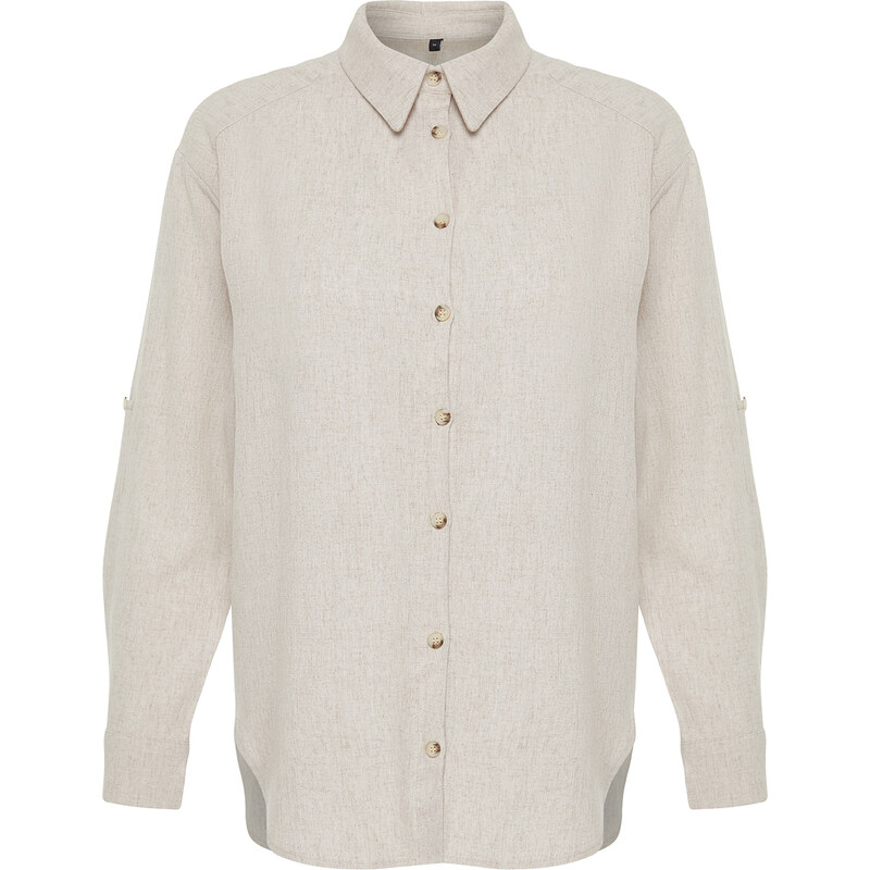 Trendyol Beige Low Sleeve Oversize Cotton Linen Woven Shirt