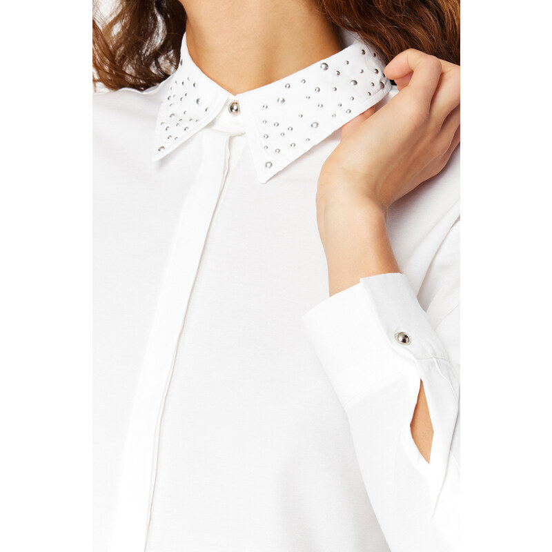 Trendyol Ecru Collar Stone Detailed Cotton Crop Woven Shirt