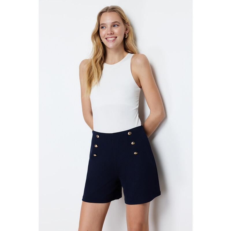 Trendyol Navy Blue Gold Button Detailed High Waist Interlock Smart Knitted Shorts