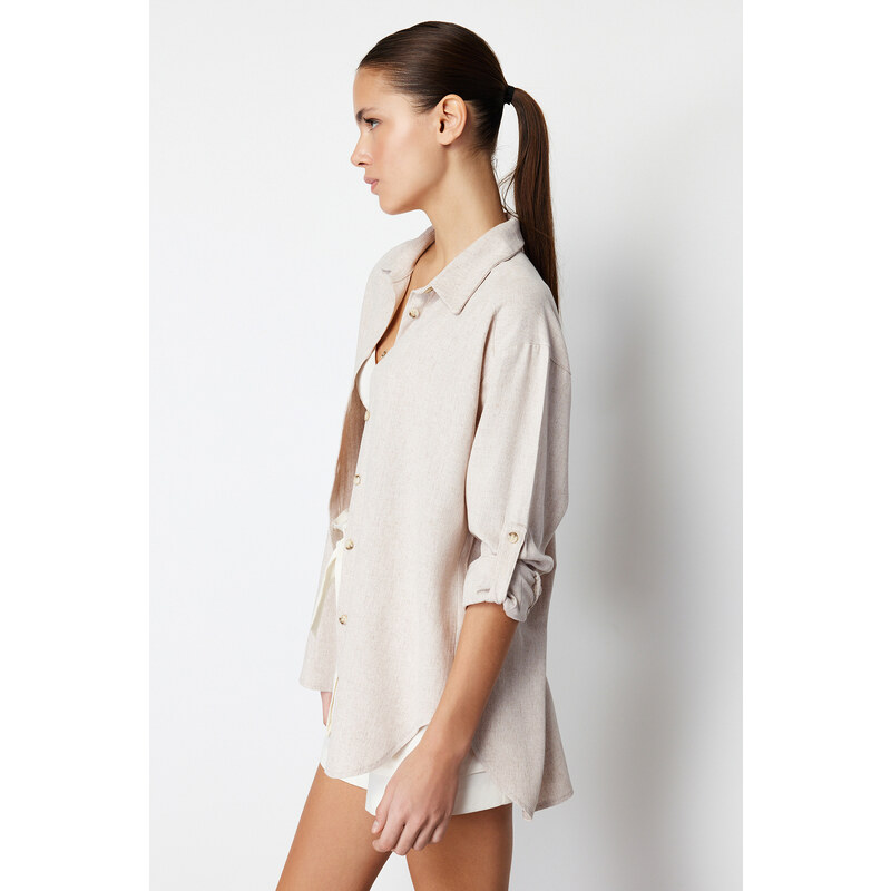 Trendyol Beige Low Sleeve Oversize Cotton Linen Woven Shirt