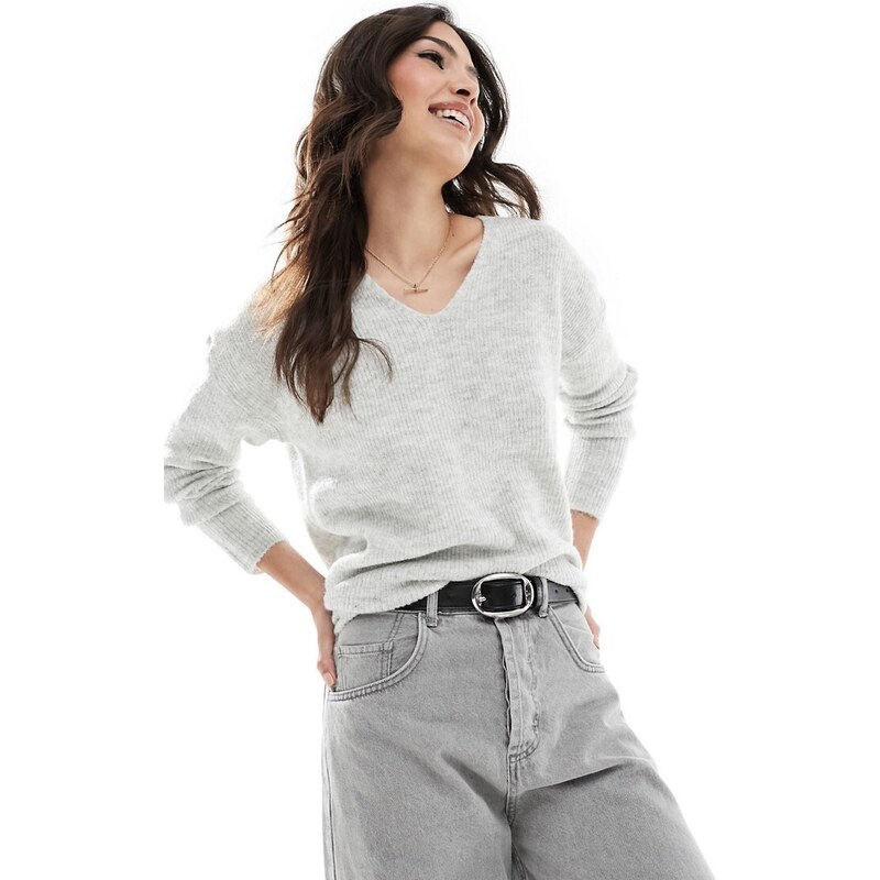 ONLY v neck slouchy jumper in light grey melange