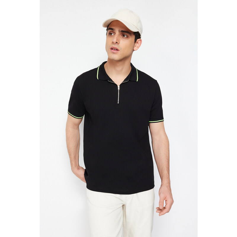 Trendyol Černé Regular / Regular Fit Zip Detailní Polo Neck tričko