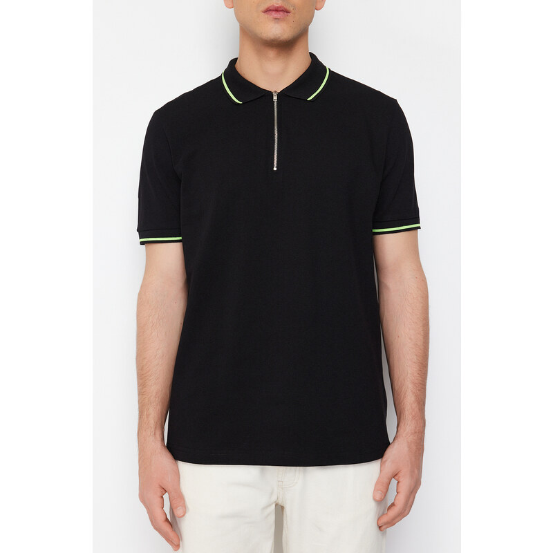 Trendyol Černé Regular / Regular Fit Zip Detailní Polo Neck tričko