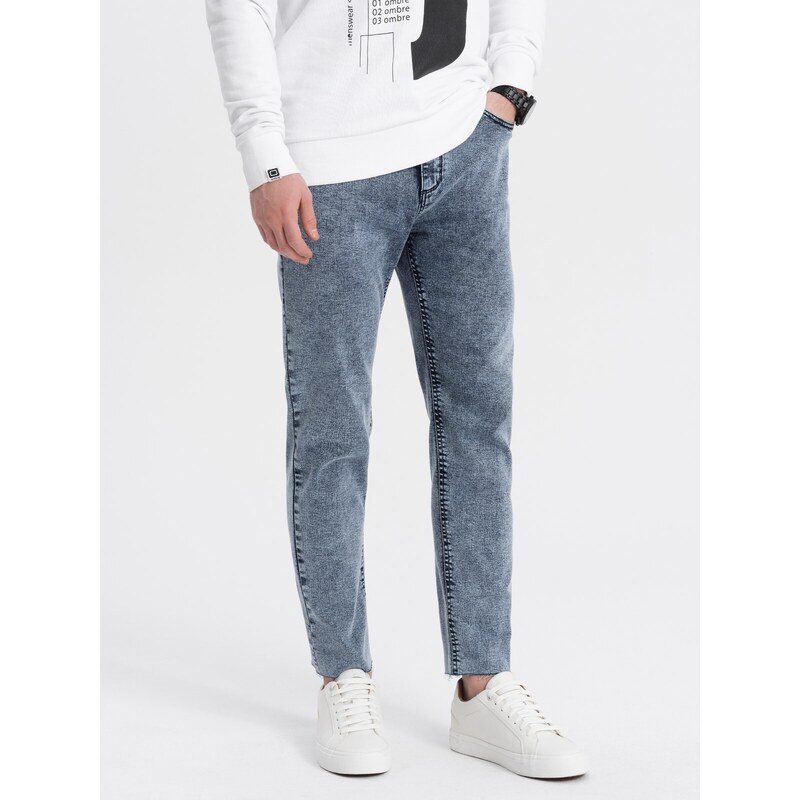 Ombre Clothing Pánské kalhoty z džínoviny s drsným střihem SLIM FIT - tmavě modré V4 OM-PADP-0146
