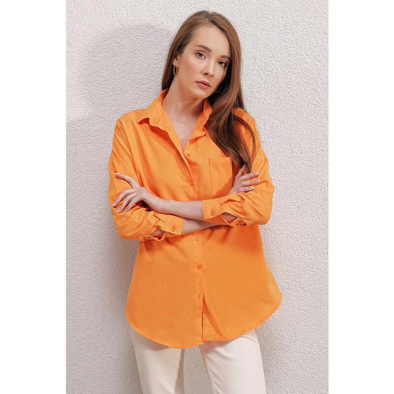 Bigdart 20153 Single Pocket Oversize Linen Shirt - Orange